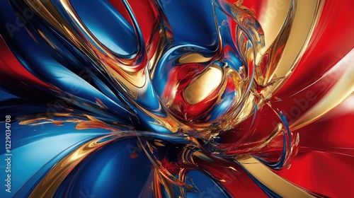 A vibrant abstract artwork featuring dynamic swirls of blue, red, and gold brushstrokes bursting with energy
