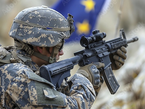 Proud European Union soldier in combat uniform, ai generated, AI generated photo