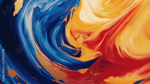 A vibrant abstract painting with bold swirling brushstrokes in shades of blue, gold, and red, radiating energy and movement