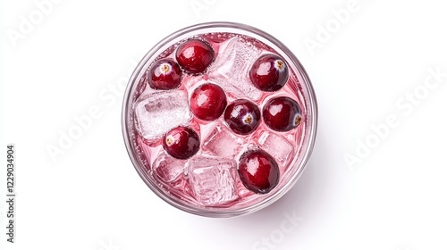 Top view of cranberry gin and tonic with ice cubes, holiday-themed presentation, high detail, glass condensation, isolated on white background