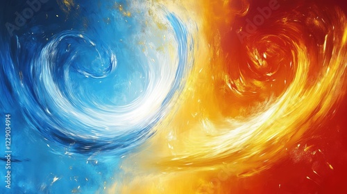 A vibrant abstract painting with bold swirling brushstrokes in shades of blue, gold, and red, radiating energy and movement