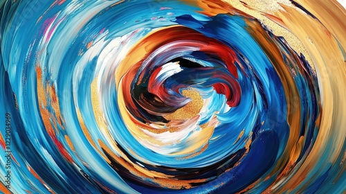 A vibrant abstract painting with bold swirling brushstrokes in shades of blue, gold, and red, radiating energy and movement