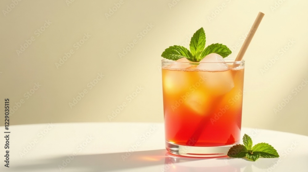Refreshing Iced Beverage with Layered Colors and Mint Garnish in a Glass with a Straw Refreshing Iced Beverage with Layered Colors and Mint Garnish in a Glass with a Straw