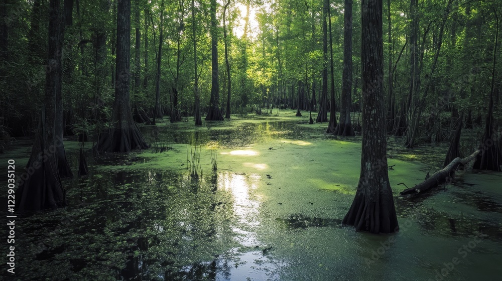 Obraz premium A forest with a lot of trees and water. The water is green and the trees are tall