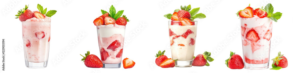Milk and strawberry combination in a glass, isolated on a white background. set cutout png. Milk and strawberry combination in a glass, isolated on a white background. set cutout png.