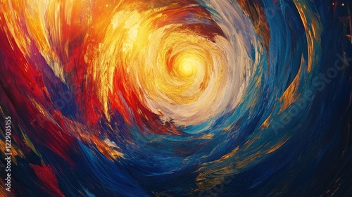 A vibrant abstract painting with bold swirling brushstrokes in shades of blue, gold, and red, radiating energy and movement