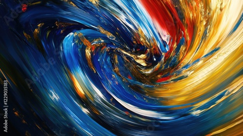 A vibrant abstract painting with bold swirling brushstrokes in shades of blue, gold, and red, radiating energy and movement