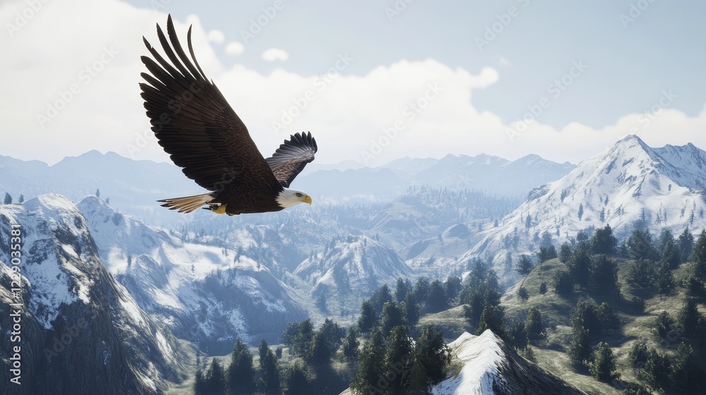 Fototapeta premium Majestic bald eagle soaring over mountain range with sharp focus and detailed feathers