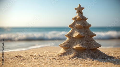 Creative christmas tree sand sculpture on a sunny beach shoreline concept