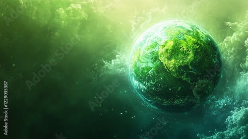 Abstract planet Earth, vivid green and blue hues with glowing tech-inspired elements, symbolizing a sustainable union of nature and technology. photo