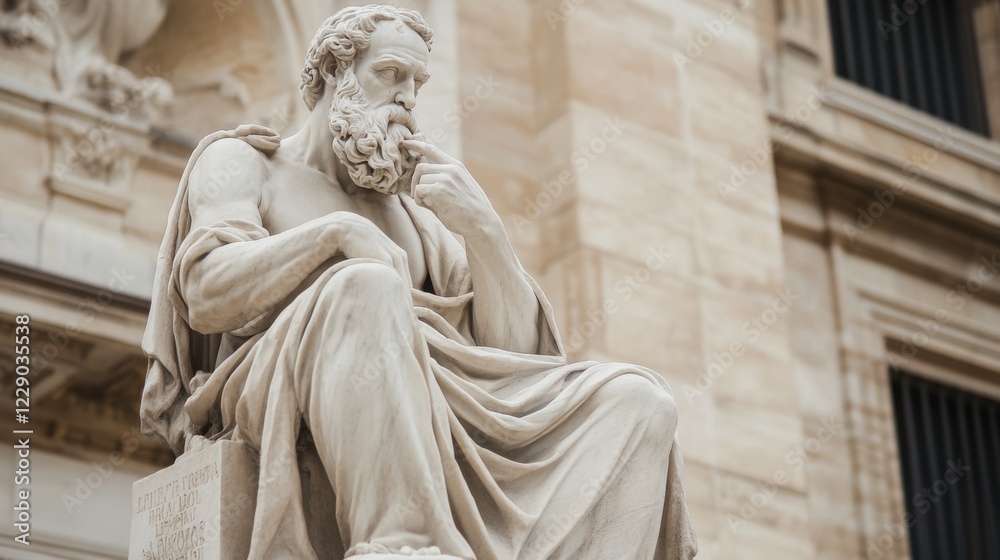 Stone statue of a seated, bearded man in pensive pose, outdoors. Stone statue of a seated, bearded man in pensive pose, outdoors.