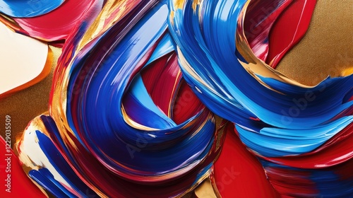 A vivid abstract composition with swirling brushstrokes in bold shades of blue, red, and gold, exuding motion and vibrancy