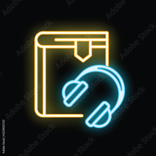 Neon glowing icon of headphones listening to audiobook with bookmark, concept of listen to book, audio teaching, learning foreign languages