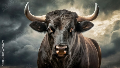 Black bull in front of a dark cloudy sky, AI generated, AI generated