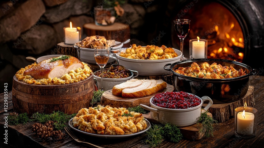 Fototapeta premium Traditional Thanksgiving spread featuring cranberry sauce, turkey, and stuffing, surrounded by rustic wooden decor and candles