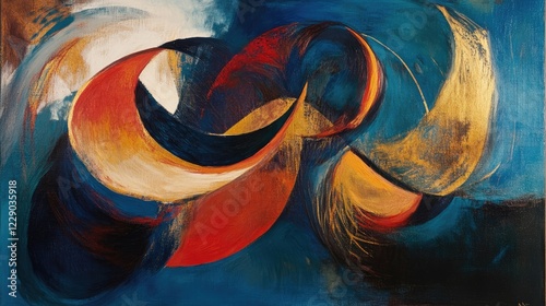 A vivid abstract composition with swirling brushstrokes in bold shades of blue, red, and gold, exuding motion and vibrancy