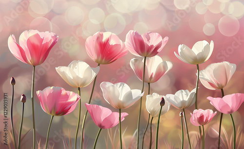 Elegant Pink and White Spring Flowers with Bokeh Background, Soft Focus and Pastel Colors, Digital Art, High-Resolution