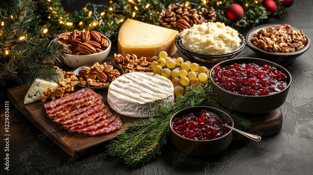 Top view of a charcuterie spread with aged cheeses, dry-cured meats, seasonal grapes, pecans, paired with mashed potatoes, cranberry sauce, festive decor Top view of a charcuterie spread with aged cheeses, dry-cured meats, seasonal grapes, pecans, paired with mashed potatoes, cranberry sauce, festive decor