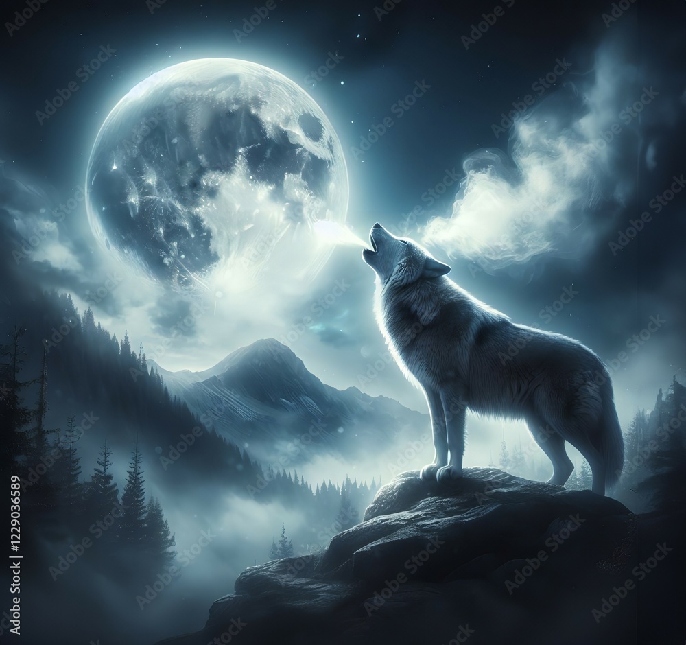 A wolf in a mountainous landscape howls at the full moon, AI generated, AI generated A wolf in a mountainous landscape howls at the full moon, AI generated, AI generated