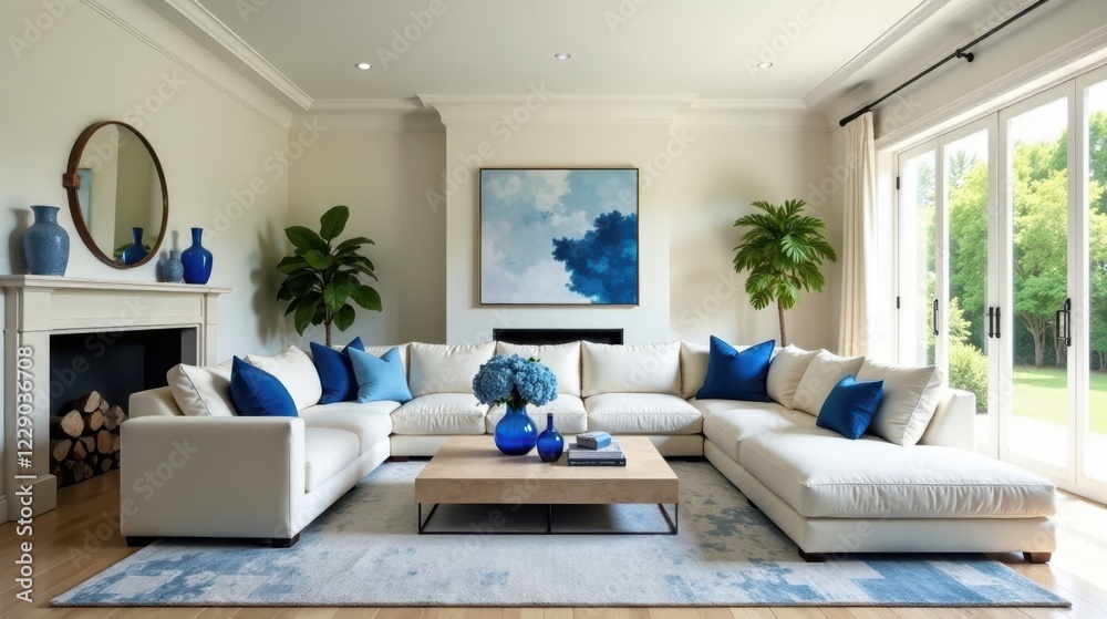 Fototapeta premium Serene Living Room with Sectional Sofa and Blue Accents Featuring a Modern Abstract Artwork