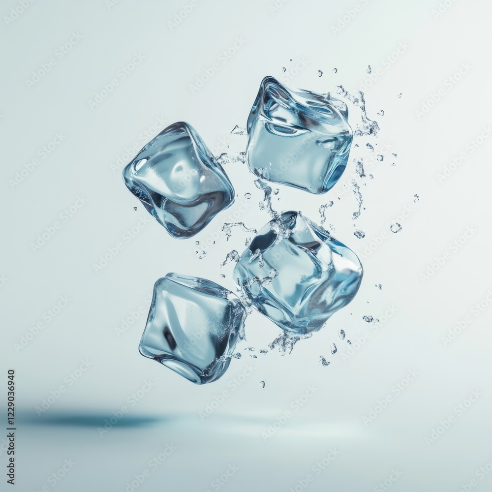 Falling ice cubes splash, blue background, refreshing drink ad Falling ice cubes splash, blue background, refreshing drink ad