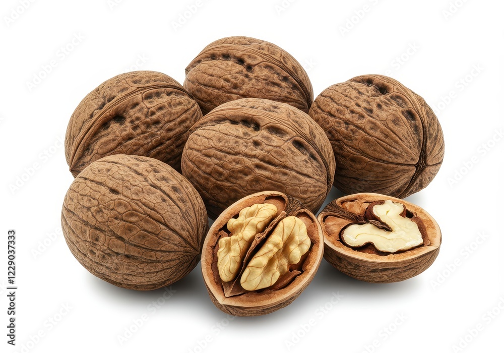 A cluster of whole brown walnuts with a cracked one revealing the edible kernel inside isolated on a white background A cluster of whole brown walnuts with a cracked one revealing the edible kernel inside isolated on a white background