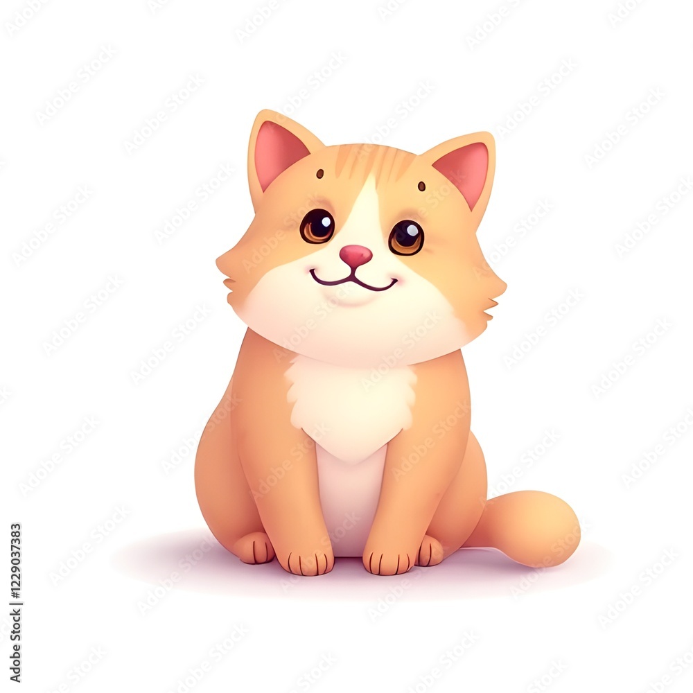 Cute and Cheerful Cartoon Kitten Sitting on a White Background Cute and Cheerful Cartoon Kitten Sitting on a White Background