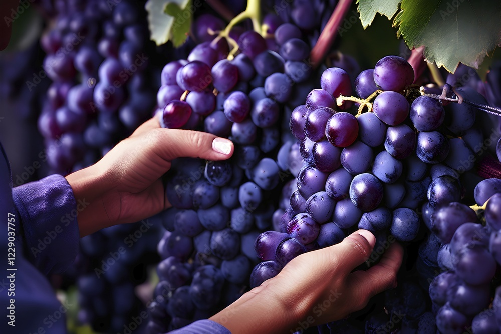 Obraz premium AI generated close up of workers hands delicately select ripened clusters of ripe grapes