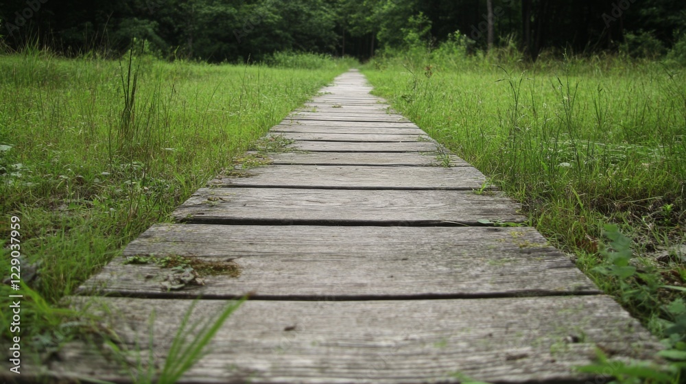 Wooden boardwalk path through lush green meadow. Wooden boardwalk path through lush green meadow.