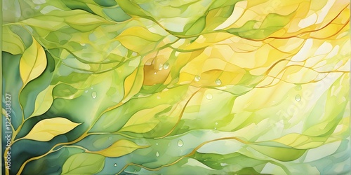 Abstract digital painting embodying sustainability with intertwining leaves glisten with water droplets, AI generated