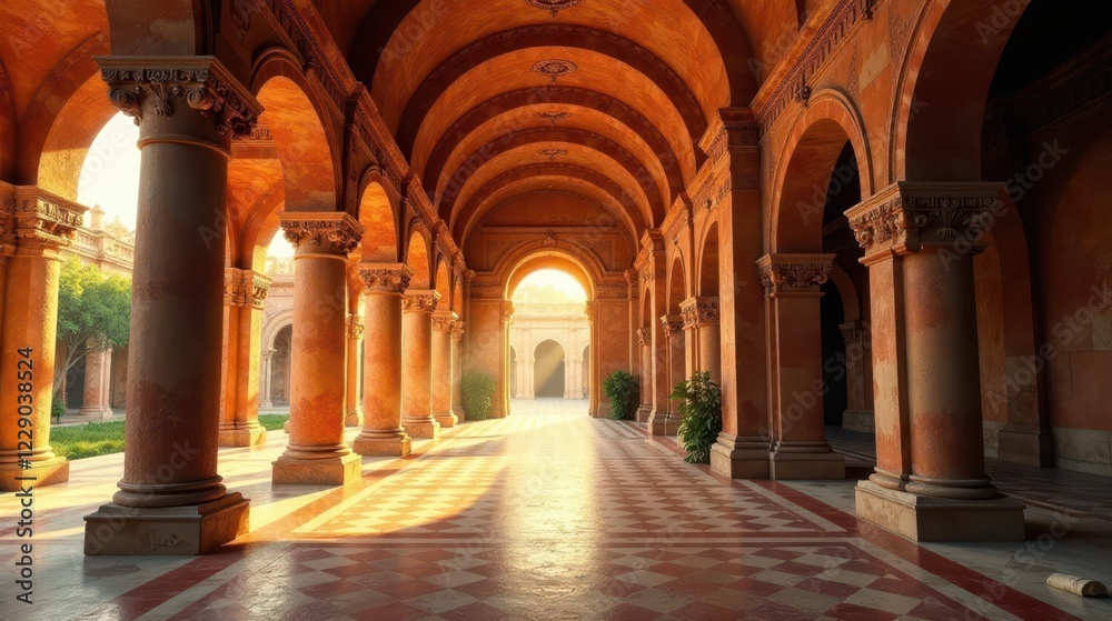 Golden Sunlight Illuminates a Majestic Colonnaded Passageway with Intricate Architectural Details and a Checkered Floor Golden Sunlight Illuminates a Majestic Colonnaded Passageway with Intricate Architectural Details and a Checkered Floor