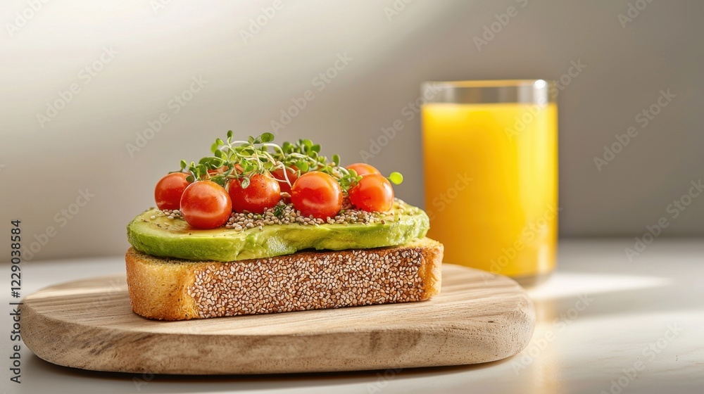 Plant based breakfast option concept. Avocado toast with cherry tomatoes and a glass of orange juice