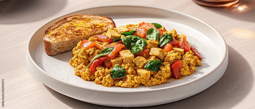 Plant based breakfast option concept. Colorful dish with vegetables and toast on a white plate Plant based breakfast option concept. Colorful dish with vegetables and toast on a white plate