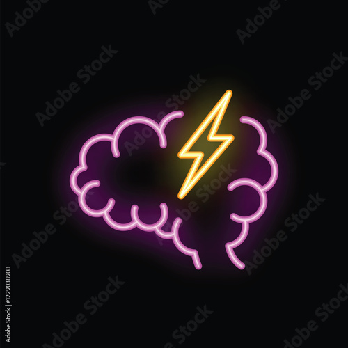 Neon sign is glowing brightly, depicting a brain with a lightning bolt flashing through it, symbolizing a sudden idea or moment of inspiration