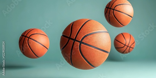 Wallpaper Mural Basketballs floating in mid-air against a green background, showcasing their textured leather surface and classic black lines. A dynamic sports concept. Torontodigital.ca