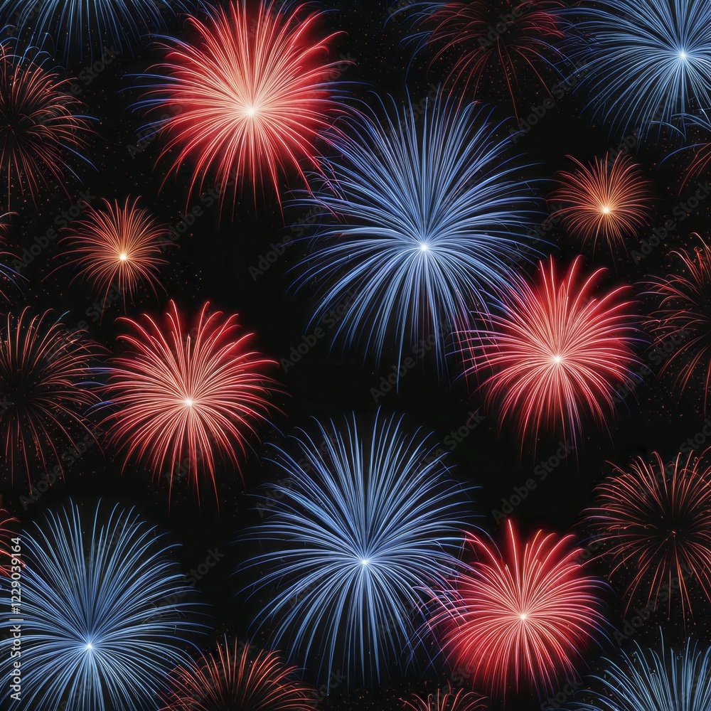 Fireworks with red and blue bursts lighting up the night sky, celebrating with festive colors, AI generated Fireworks with red and blue bursts lighting up the night sky, celebrating with festive colors, AI generated