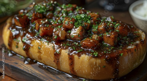 Close-up of Japanese bunny chow with cheese sauce and chopped parsley, ai generated, AI generated