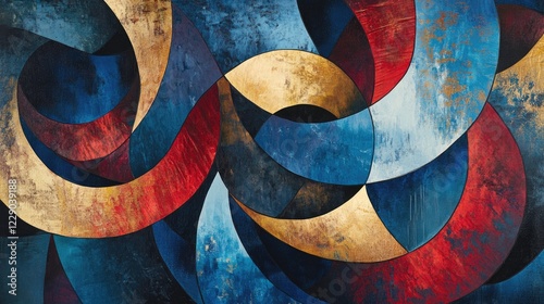 Abstract artwork with flowing brushstrokes in shades of blue, red, and gold, capturing the essence of vibrant energy