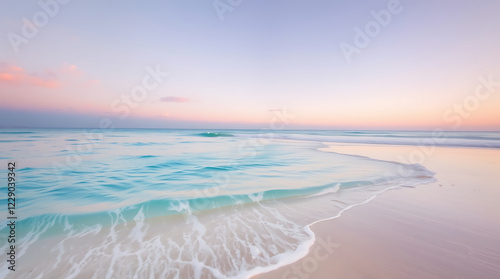 Wallpaper Mural Serene tropical beach, pastel sunset sky, crystal clear turquoise water, gentle waves lapping shore, soft pink sand, dreamy atmospheric lighting, peaceful ocean scene, tranquil coastal landscape, ethe Torontodigital.ca