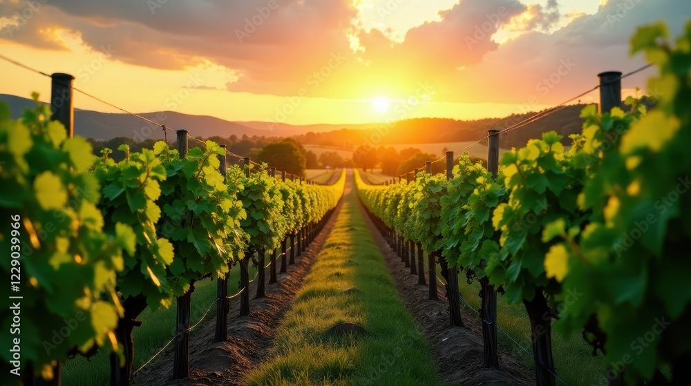 Fototapeta premium Golden Hour Vineyard Rows at Sunset A Serene Vista of Lush Green Grapevines Basking in the Warm Glow of the Evening Sun