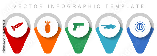 War pointer collection, miscellaneous icons such as missle, bomb, gun, tank and target, flat design vector infographic template in eps 10