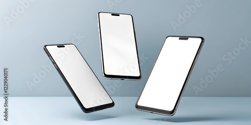  Three modern smartphones with blank white screens floating in mid-air against a light blue background. A high-quality mockup for app, UI, or branding presentations.