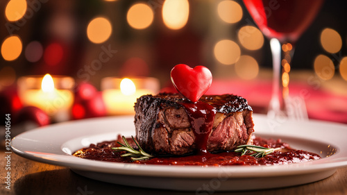 a steak on a plate with a heart shaped garnish photo