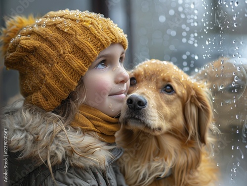 Bad weather, child looks sadly outside through a rainy window pane, AI generated photo