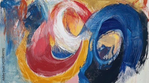 Abstract painting with energetic swirling strokes of blue, red, and gold, creating a vibrant and expressive piece