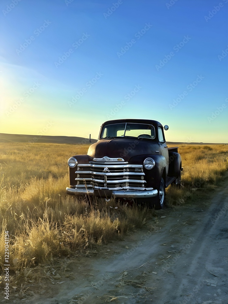 Fototapeta premium Rusted 1950s pick up truck parked on a lonely dirt road, with a sun-faded paint job and tall grass growing around it, evoking a sense of forgotten Americana, AI generated
