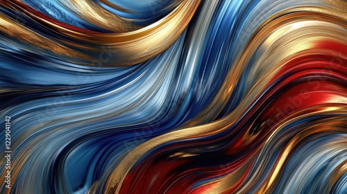 Abstract painting with sweeping blue, gold, and red strokes, capturing the energy and vibrancy of artistic expression
