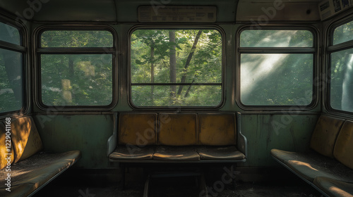 An interior shot through the cracked window of a forgotten train, where shadows from nearby trees stretch across the rotting seats, creating a melancholic, abandoned atmosphere