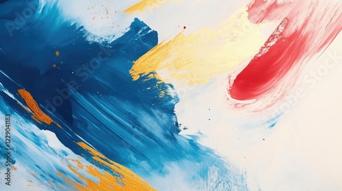 Abstract painting with sweeping blue, gold, and red strokes, capturing the energy and vibrancy of artistic expression