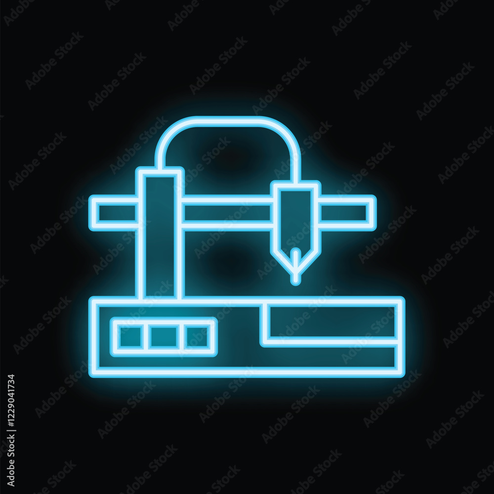 Neon icon of a 3d printer creating a prototype
